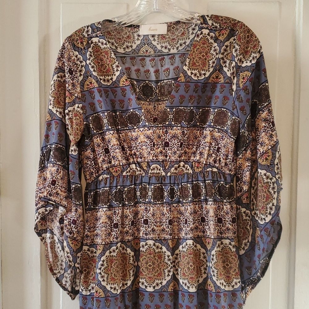 Braeve Rayon Maxi Dress Kimono Sleeves‎ V-Neck Medallions Design Empire Waist XS